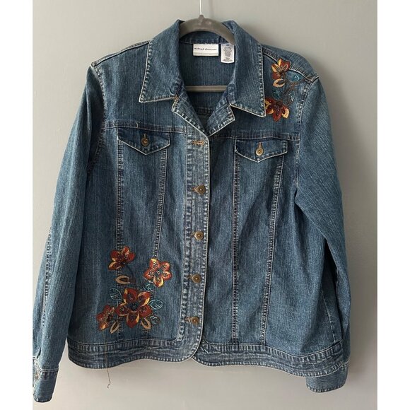 Alfred Dunner Women's 16P Embroidered Floral Denim Jacket Y2K Streetwear Preppy - Picture 1 of 4